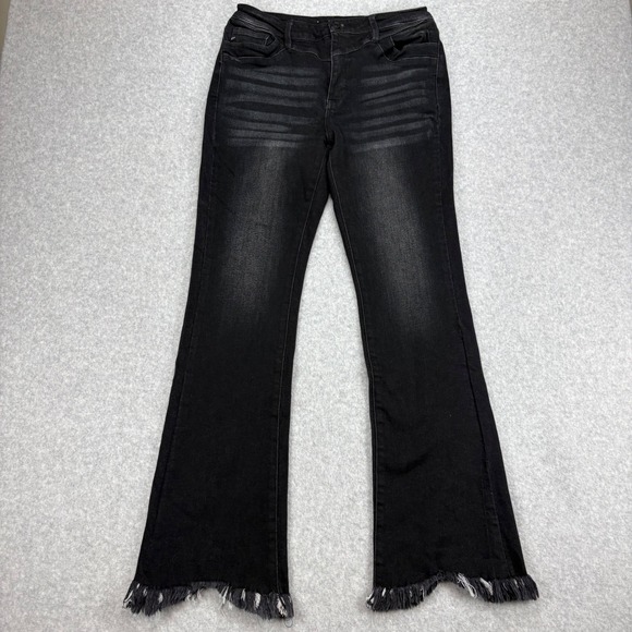 KanCan Denim - Kancan Flare Jeans Womens 29 Black Fringed Hem Distressed Whiskered Boho Edgy